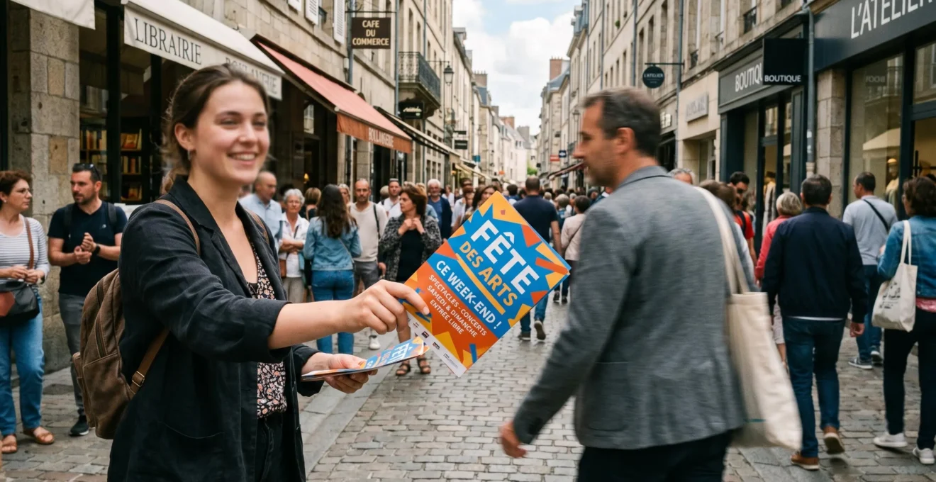 Main tendue offrant un flyer coloré à un passant dans une rue commerçante animée