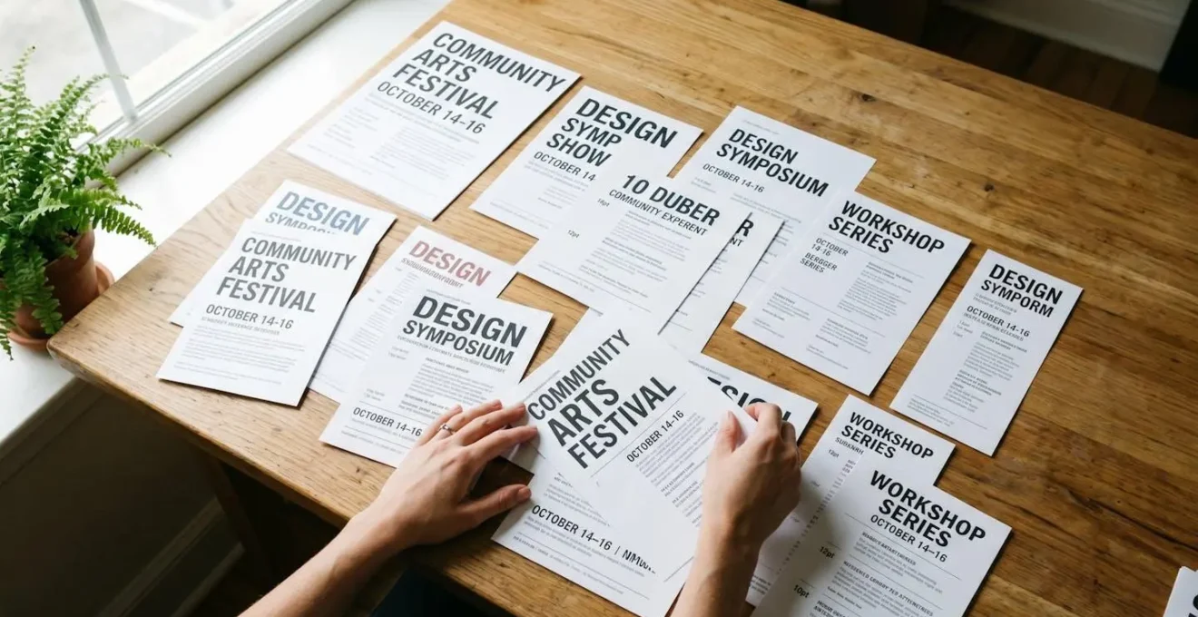 Vue plongeante sur une table de travail avec plusieurs variantes de mise en page de flyer, démontrant différents niveaux de hiérarchie typographique